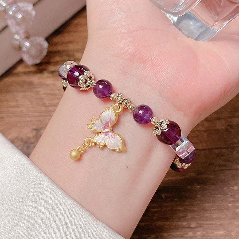 Fortune Jewel Natural Amethyst Sun Stone Butterfly Peace Bracelet
