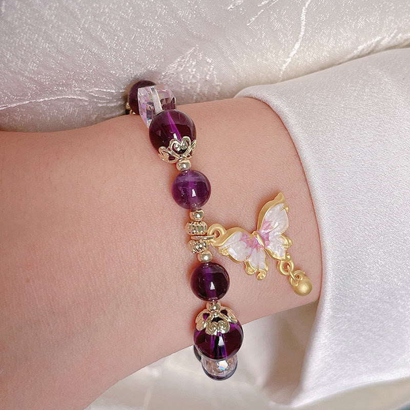 Fortune Jewel Natural Amethyst Sun Stone Butterfly Peace Bracelet