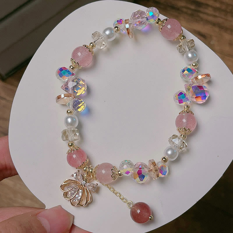 Fortune Jewel Natural Strawberry Quartz Pearl Shell Positive Bracelet