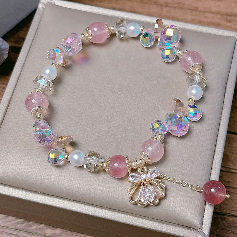 Fortune Jewel Natural Strawberry Quartz Pearl Shell Positive Bracelet