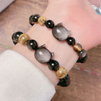 Fortune Jewel Natural Silver Sheen Obsidian Beads Cute Cat Soothing Bracelet