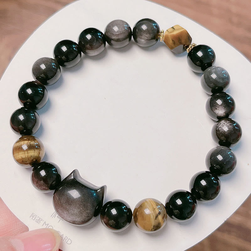 Fortune Jewel Natural Silver Sheen Obsidian Beads Cute Cat Soothing Bracelet