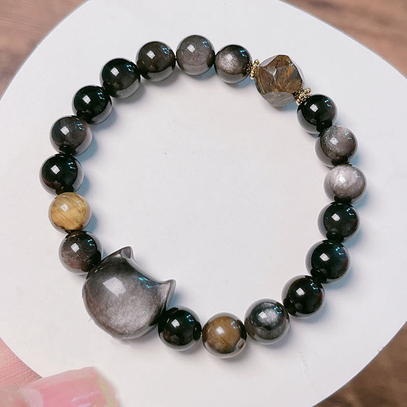Fortune Jewel Natural Silver Sheen Obsidian Beads Cute Cat Soothing Bracelet