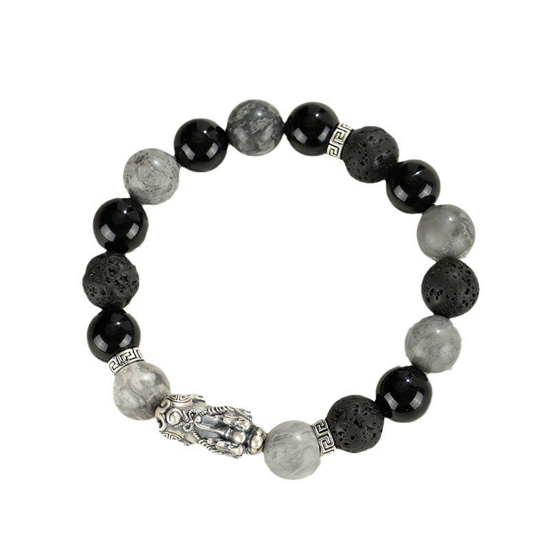 Fortune Jewel 999 Sterling Silver PiXiu Black Onyx Grey Jasper Lava Rock Protection Bracelet
