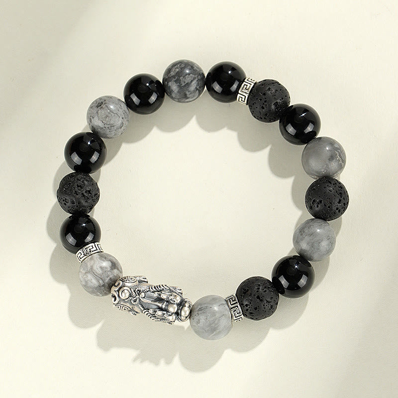 999 Sterling Silver PiXiu Bracelet Black Onyx Grey Jasper Lava Rock Protection Bracelet