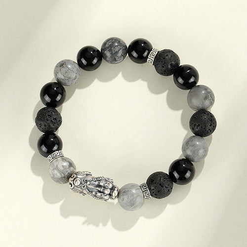 999 Sterling Silver PiXiu Bracelet Black Onyx Grey Jasper Lava Rock Protection Bracelet