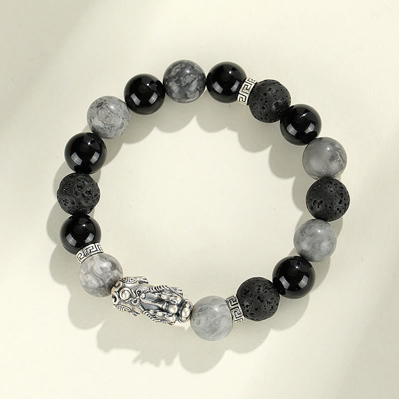 Fortune Jewel 999 Sterling Silver PiXiu Black Onyx Grey Jasper Lava Rock Protection Bracelet
