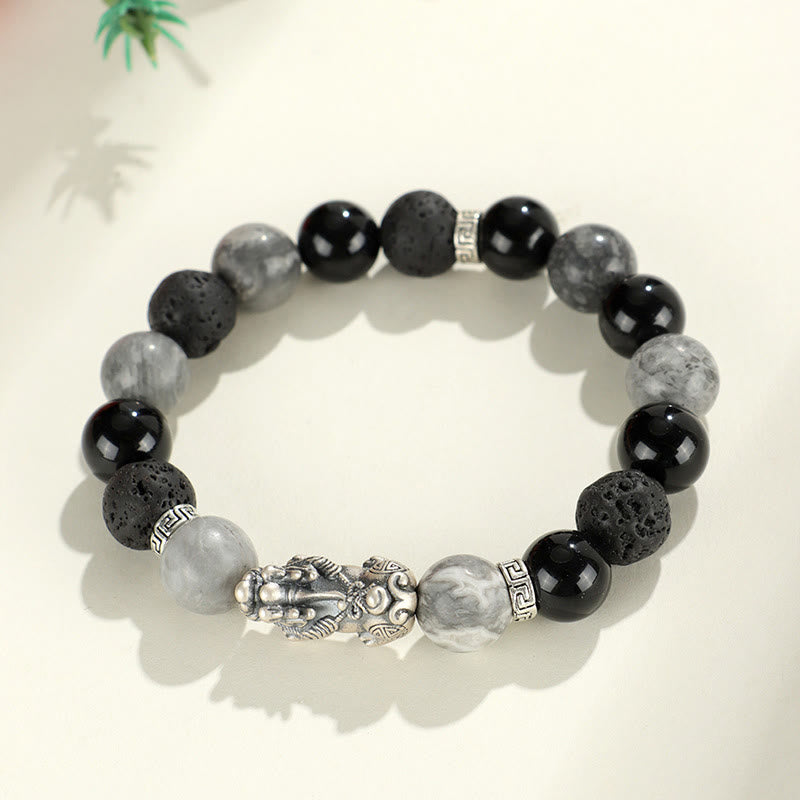 999 Sterling Silver PiXiu Bracelet Black Onyx Grey Jasper Lava Rock Protection Bracelet