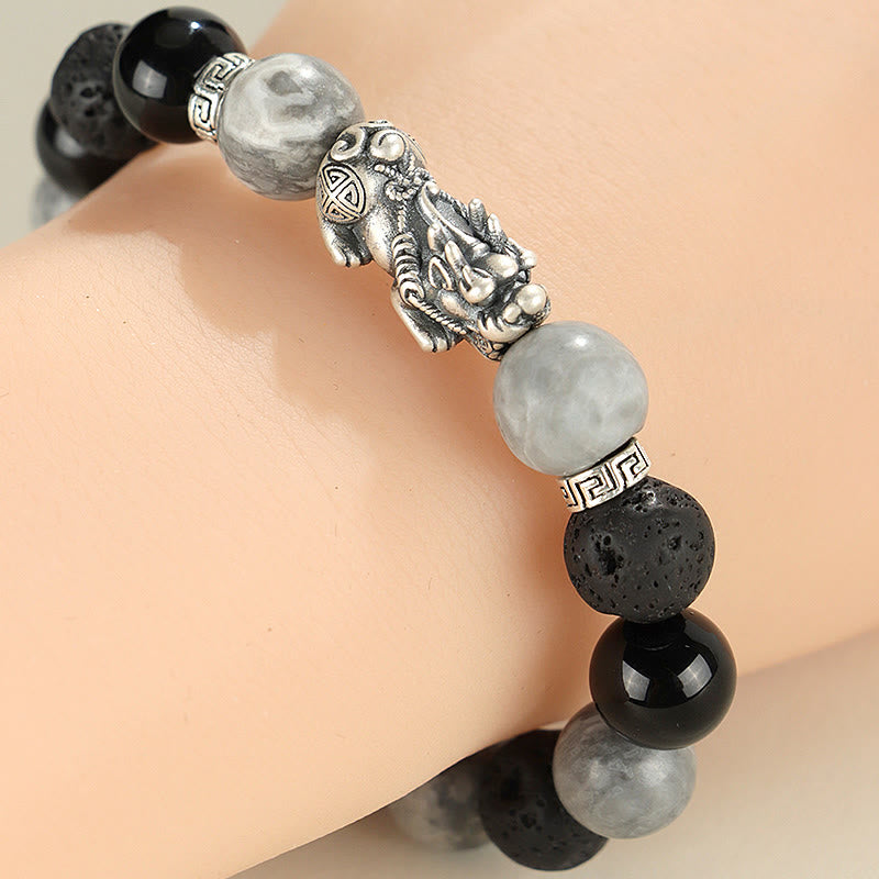 999 Sterling Silver PiXiu Bracelet Black Onyx Grey Jasper Lava Rock Protection Bracelet