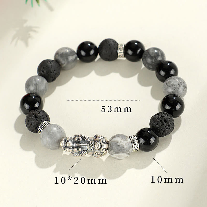 999 Sterling Silver PiXiu Bracelet Black Onyx Grey Jasper Lava Rock Protection Bracelet