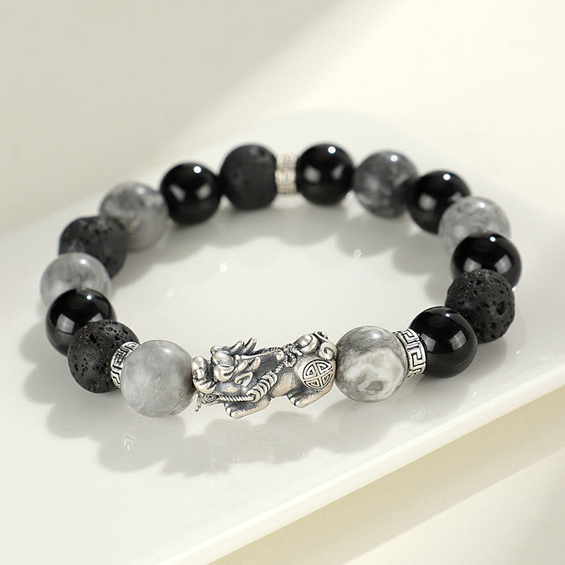 999 Sterling Silver PiXiu Bracelet Black Onyx Grey Jasper Lava Rock Protection Bracelet