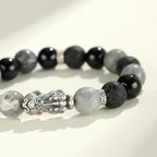 999 Sterling Silver PiXiu Bracelet Black Onyx Grey Jasper Lava Rock Protection Bracelet
