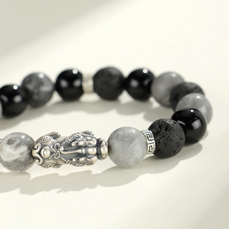 999 Sterling Silver PiXiu Bracelet Black Onyx Grey Jasper Lava Rock Protection Bracelet