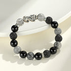 Fortune Jewel 999 Sterling Silver PiXiu Black Onyx Grey Jasper Lava Rock Protection Bracelet