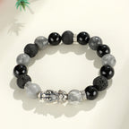 Fortune Jewel 999 Sterling Silver PiXiu Black Onyx Grey Jasper Lava Rock Protection Bracelet