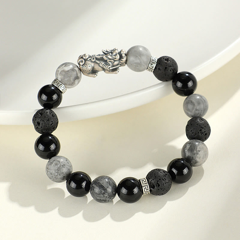 999 Sterling Silver PiXiu Bracelet Black Onyx Grey Jasper Lava Rock Protection Bracelet