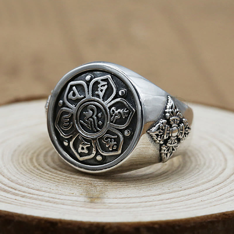 Fortune Jewel Tibetan Om Mani Padme Hum Vajra Pattern Copper Focus Rotatable Ring