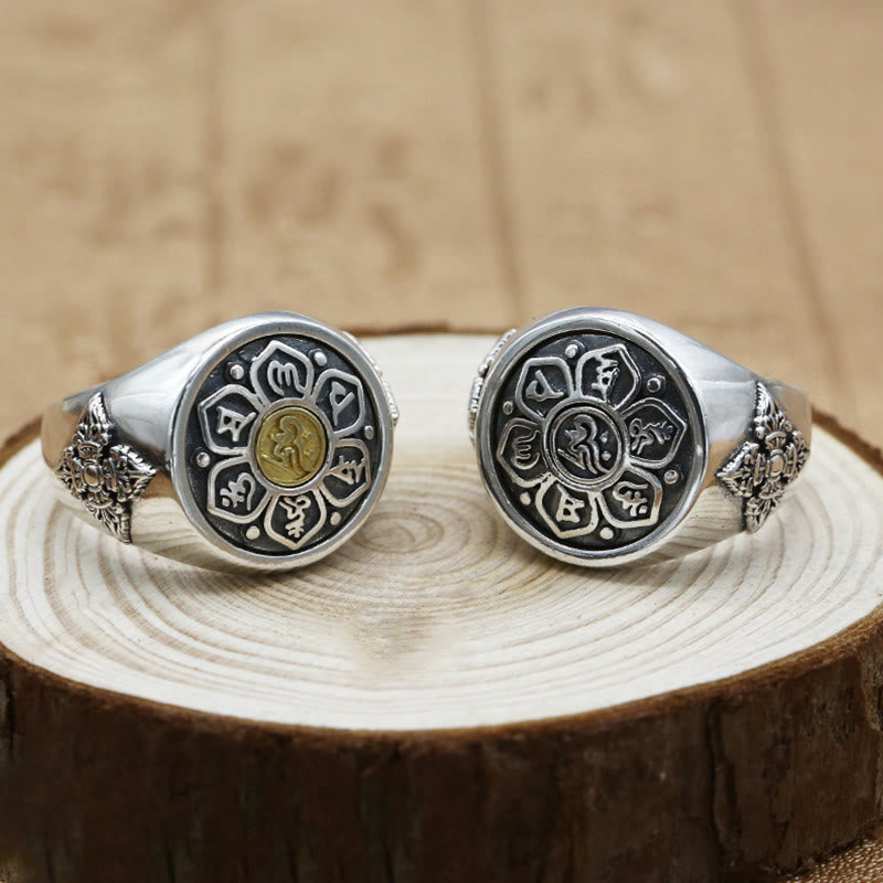 Fortune Jewel Tibetan Om Mani Padme Hum Vajra Pattern Copper Focus Rotatable Ring