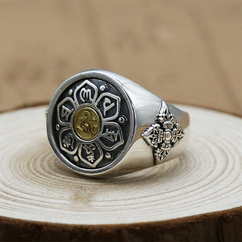 Fortune Jewel Tibetan Om Mani Padme Hum Vajra Pattern Copper Focus Rotatable Ring