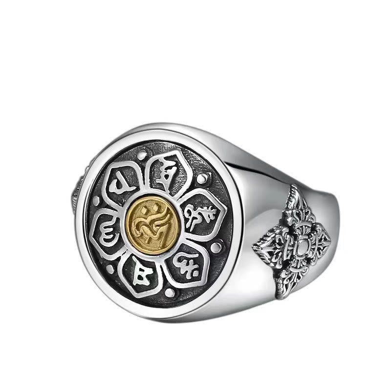 Fortune Jewel Tibetan Om Mani Padme Hum Vajra Pattern Copper Focus Rotatable Ring