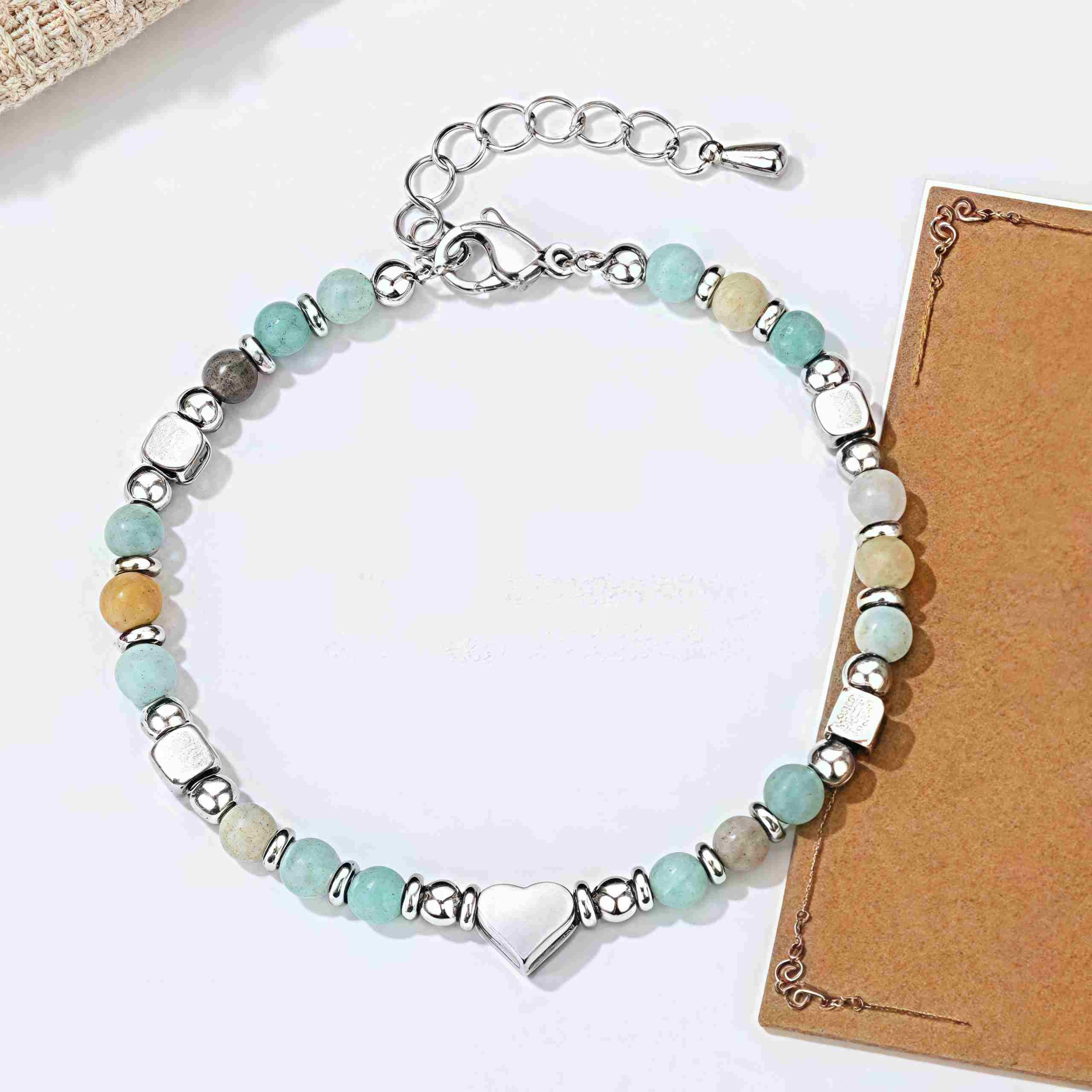 Fortune Jewel Natural Stone Amazonite Amethyst Lazurite Rose Quartz Heart Positive Balance Bracelet