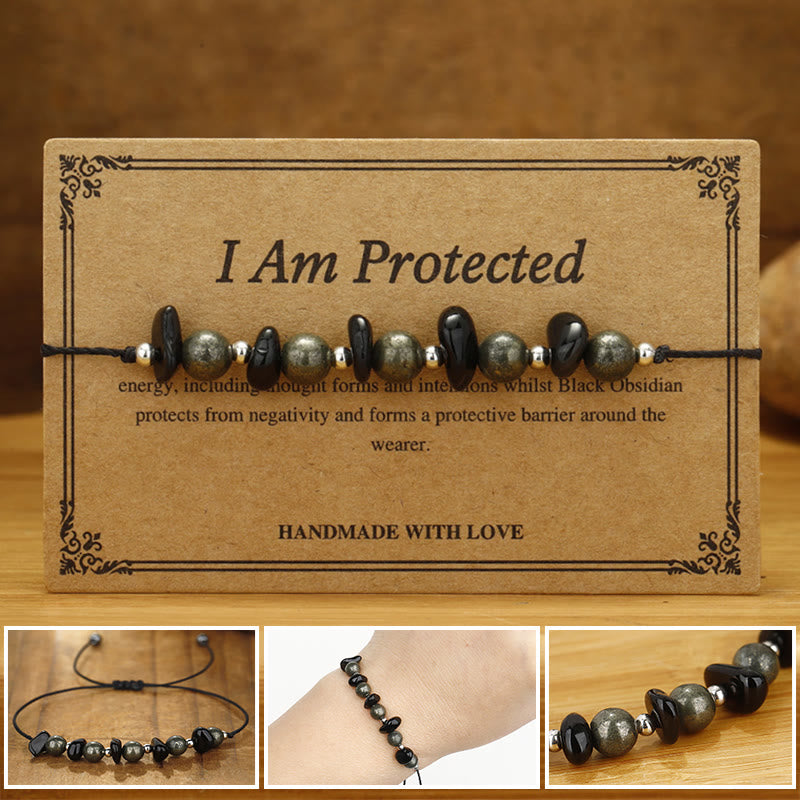 Fortune Jewel I Am Protected Iron Pyrite Black Obsidian Fulfillment Bracelet