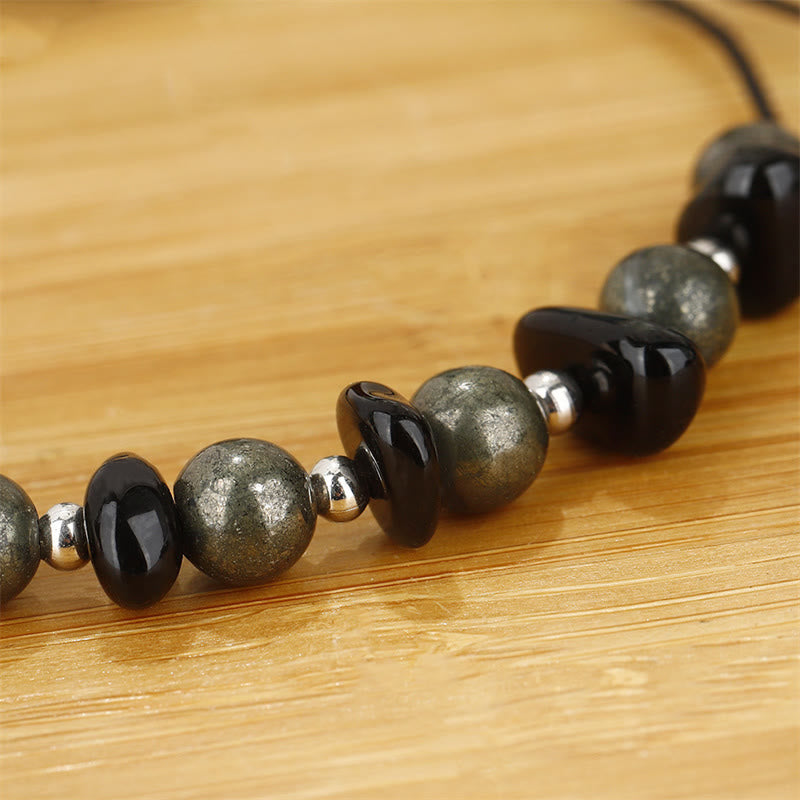 Fortune Jewel I Am Protected Iron Pyrite Black Obsidian Fulfillment Bracelet