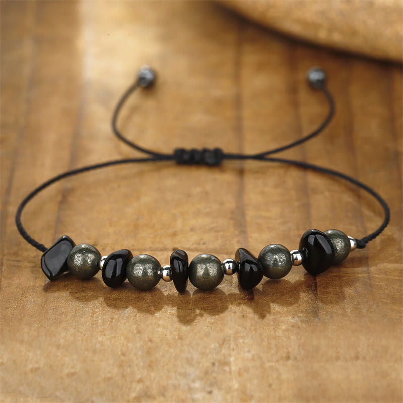 Fortune Jewel I Am Protected Iron Pyrite Black Obsidian Fulfillment Bracelet