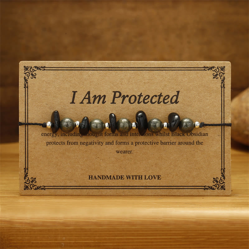 Fortune Jewel I Am Protected Iron Pyrite Black Obsidian Fulfillment Bracelet