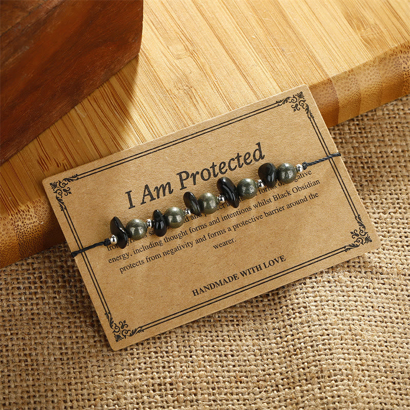 Fortune Jewel I Am Protected Iron Pyrite Black Obsidian Fulfillment Bracelet