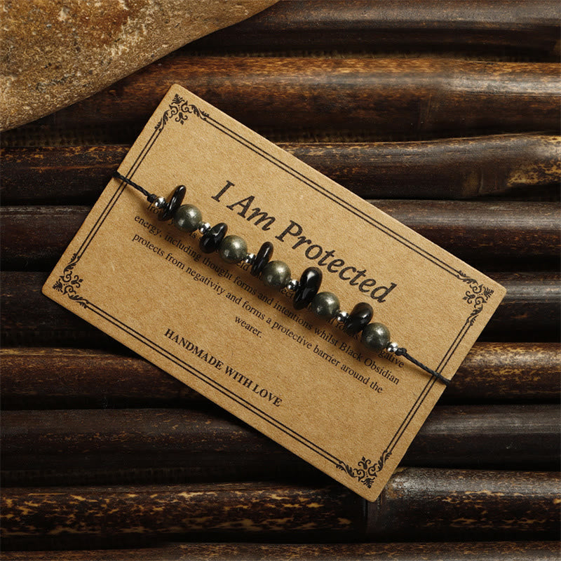 Fortune Jewel I Am Protected Iron Pyrite Black Obsidian Fulfillment Bracelet