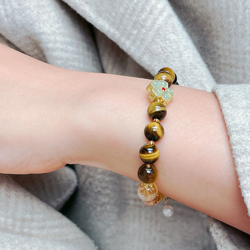 Fortune Jewel Natural Tiger Eye Citrine Beads Flower Bell Courage Bracelet