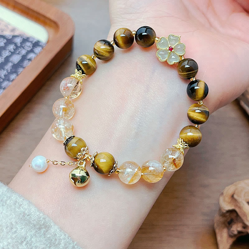 Fortune Jewel Natural Tiger Eye Citrine Beads Flower Bell Courage Bracelet
