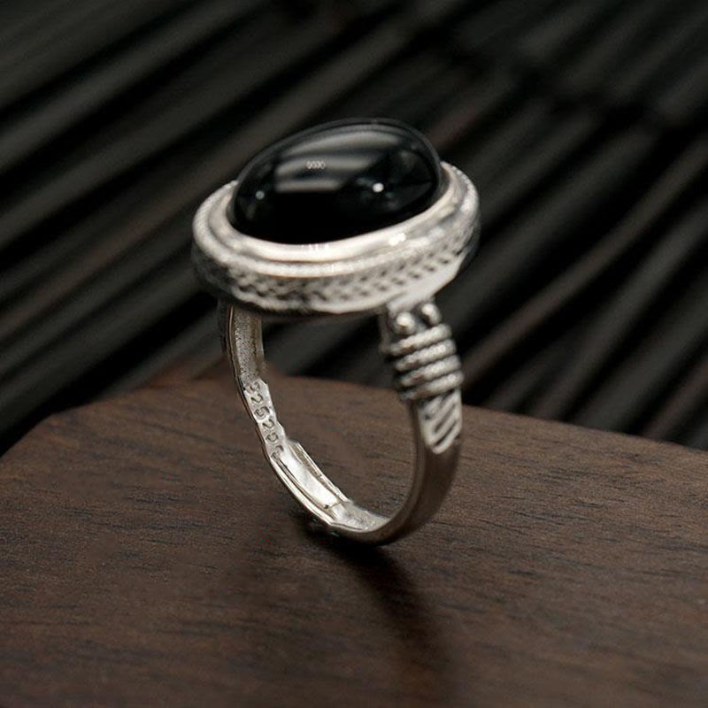 Fortune Jewel Natural Black Onyx Adjustable Protection Ring