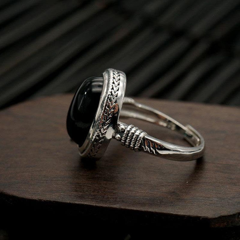Fortune Jewel Natural Black Onyx Adjustable Protection Ring