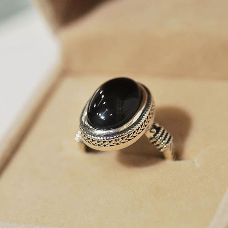 Fortune Jewel Natural Black Onyx Adjustable Protection Ring