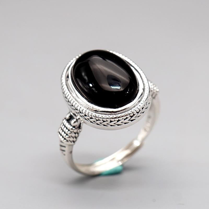 Fortune Jewel Natural Black Onyx Adjustable Protection Ring