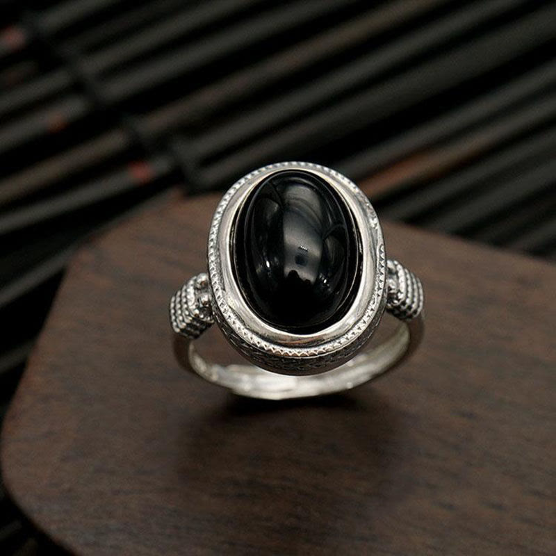 Fortune Jewel Natural Black Onyx Adjustable Protection Ring