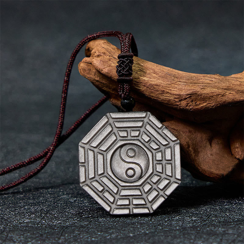 Fortune Jewel Silver Sheen Obsidian Bagua Yin Yang Symbol Protection Necklace Pendant