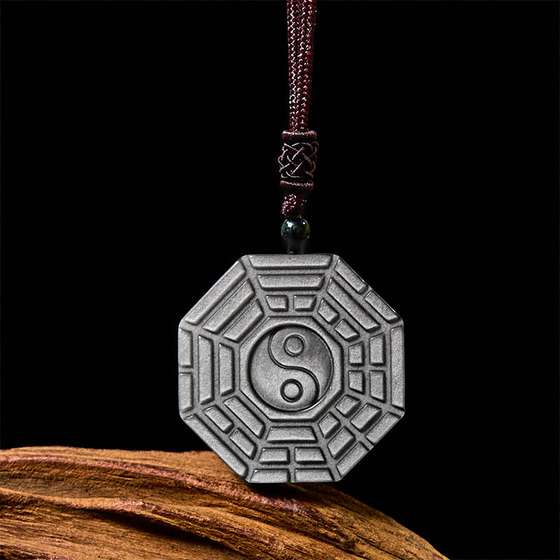 Fortune Jewel Silver Sheen Obsidian Bagua Yin Yang Symbol Protection Necklace Pendant
