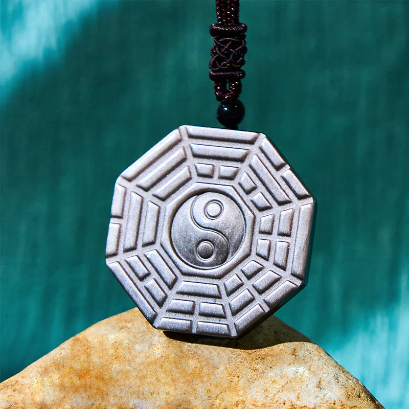 Fortune Jewel Silver Sheen Obsidian Bagua Yin Yang Symbol Protection Necklace Pendant