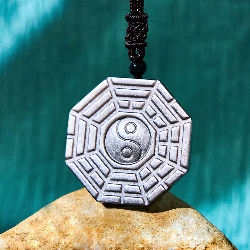 Fortune Jewel Silver Sheen Obsidian Bagua Yin Yang Symbol Protection Necklace Pendant