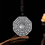 Fortune Jewel Silver Sheen Obsidian Bagua Yin Yang Symbol Protection Necklace Pendant