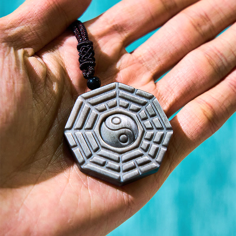 Fortune Jewel Silver Sheen Obsidian Bagua Yin Yang Symbol Protection Necklace Pendant