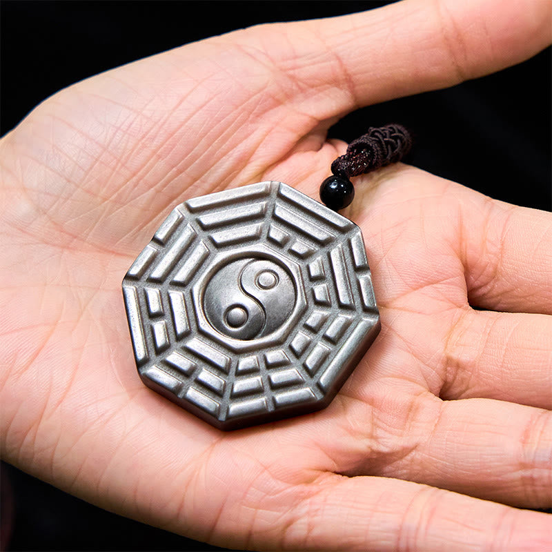 Fortune Jewel Silver Sheen Obsidian Bagua Yin Yang Symbol Protection Necklace Pendant