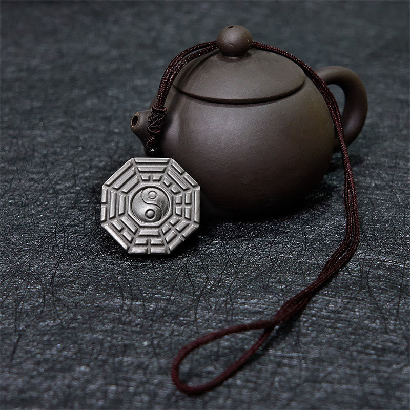 Fortune Jewel Silver Sheen Obsidian Bagua Yin Yang Symbol Protection Necklace Pendant