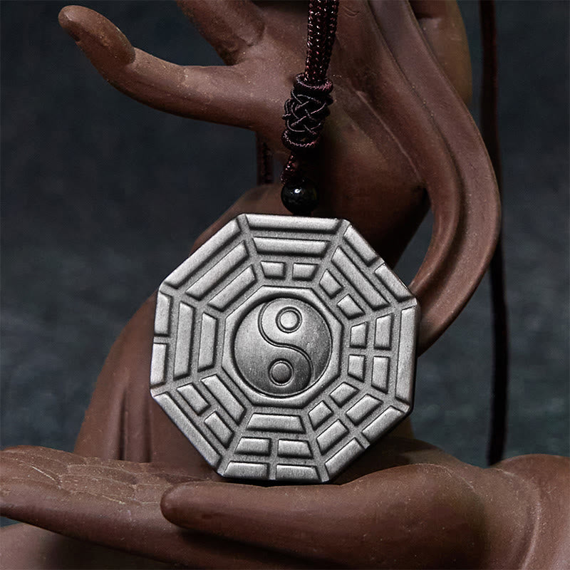Fortune Jewel Silver Sheen Obsidian Bagua Yin Yang Symbol Protection Necklace Pendant