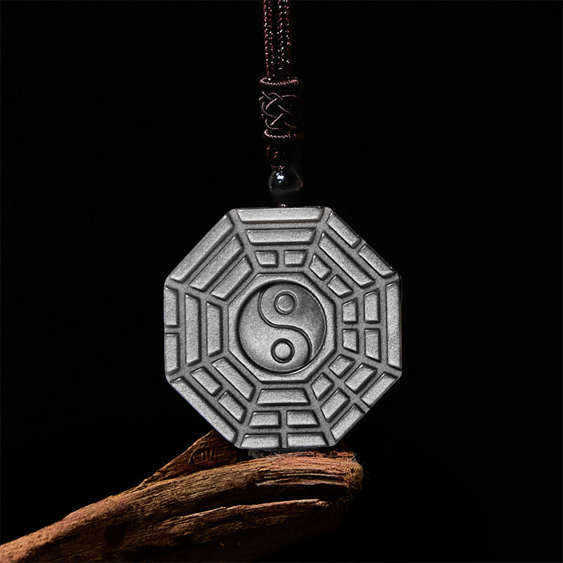 Fortune Jewel Silver Sheen Obsidian Bagua Yin Yang Symbol Protection Necklace Pendant