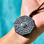 Fortune Jewel Silver Sheen Obsidian Bagua Yin Yang Symbol Protection Necklace Pendant