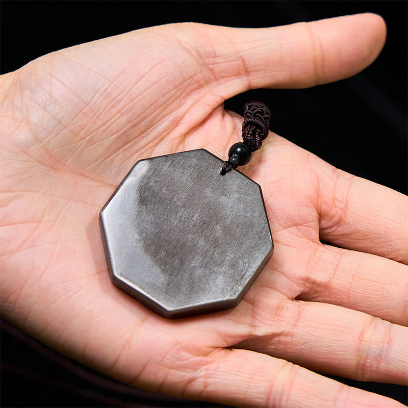 Fortune Jewel Silver Sheen Obsidian Bagua Yin Yang Symbol Protection Necklace Pendant
